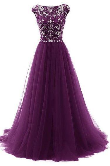 Gorgeous Beaded Grape Prom Dress, Tulle Pageant Gown, Formal Gown, Pd3013