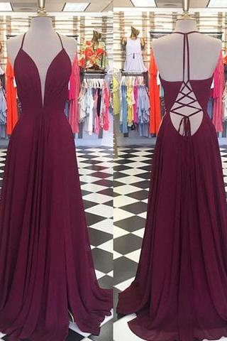 Burgundy Chiffon Open Back Lace Up Long Prom Dress, Pd26554