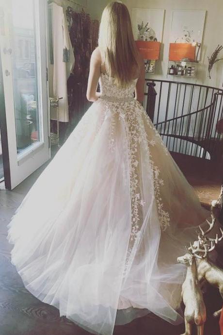 Elegant Tulle Lace Ball Gown, Ivory Prom Dress, Blue Prom Dress, Strapless Prom Dress,pd3021
