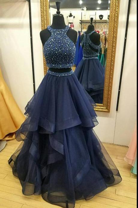 Charming Navy Blue Prom Dress,two Piece Prom Dresses,ball Gown Prom Dress,long Party Dresses,pd3024