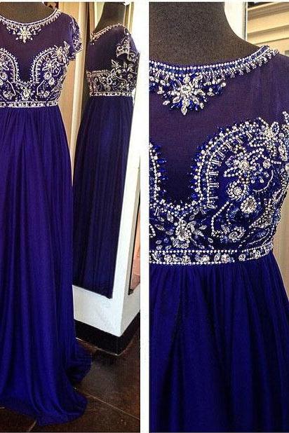 Royal Blue Long Pom Dresses,Custom Made Pom Dresses,Beading Pom Dresses,Chiffon Pom Dresses,A-Line Evening Gowns,PD0204