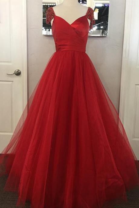 Plus Size Red Tulle A-line Prom Dresses Cap Sleeves Beaded Evening Dresses Sexy Formal Gowns Party Dress,pd14039