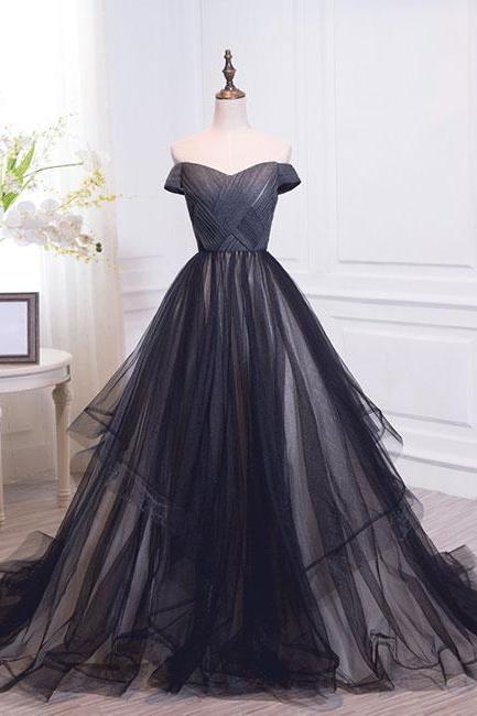 Elegant A-line Off Shoulder Black Tulle Floor-length Prom/evening Dress,pd14050