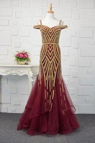 Luxurious Mermaid Off Shoulder Burgundy Tulle Long Prom/evening Dress With Beading,pd14053
