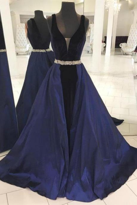 Simple A-line V-neck Dark Blue Long Prom/evening Dress With Beading,pd14054