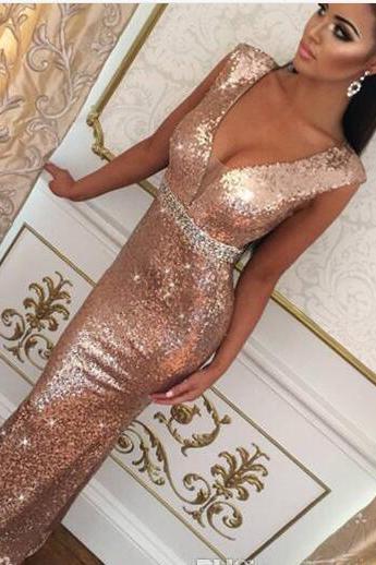 Bling Bling 2018 Gold Sequins Mermaid Prom Dresses Sexy V Neck Beaded Sashes Formal Evening Party Gowns Dress For Women,pd14070