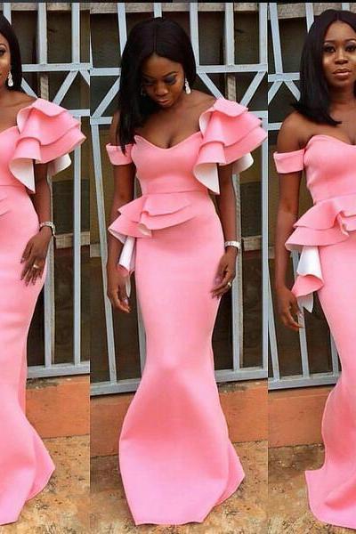 Africa Mermaid Prom Dresses Off The SHoulder Ruffles Mermaid Pink Satin Formal Evening Occasion Dresses Custom Made Hot Sale,PD14074