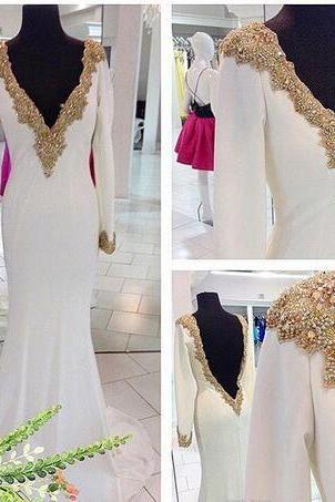 Mermaid Evening Dresses 2018 Sexy White Deep V Neck Long Sleeves With Gold Beaded Crystal Backless Formal Party Dress Prom Gowns,pd14081