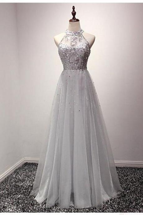 Gray Prom Dresses,prom Dress,prom Gowns,tulle Long Prom Dress With Crystals,pd14089