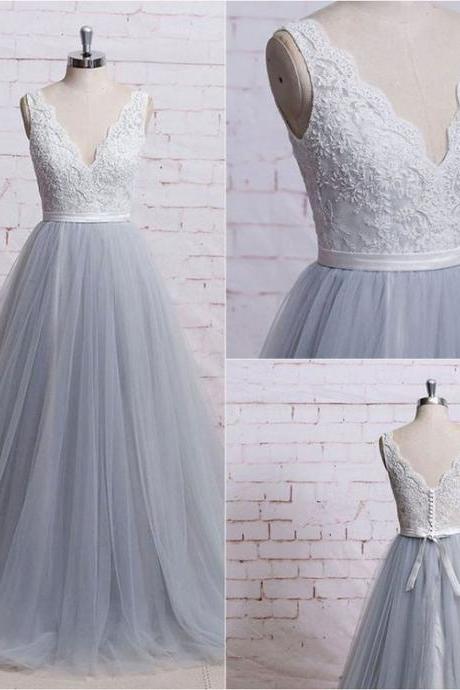 Gray Tulle Long Senior Prom Dress, Simple Bridesmaid Dress Sexy Prom Dresses,evening Gowns,pd14093
