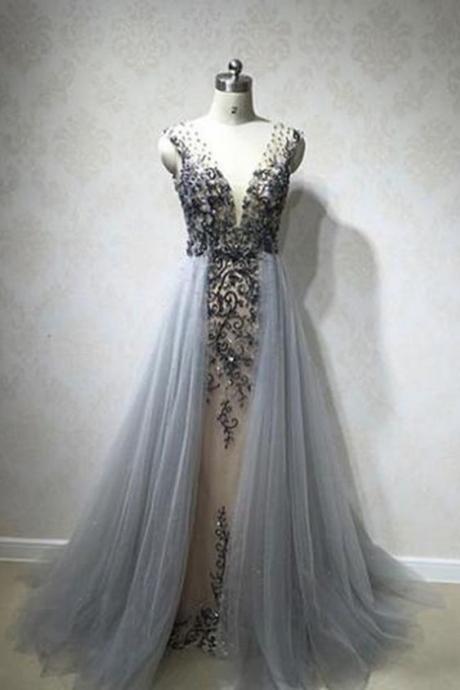 Evening Dresses With Tulle Overskirt Illusion Blue Gray Pearls Beaded Lace Appliques Celebrity Gown Sexy Plus Size Evening Dresses,pd14095