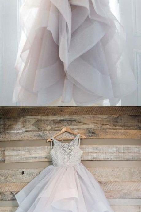 Light Gray Tulle Beads Long Prom Gown, Gray Evening Dress, Gray Wedding Dress,pd14097