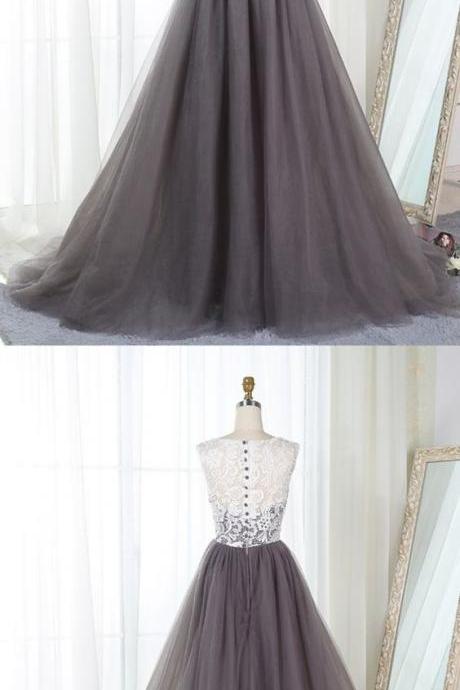 Gray Tulle Long Senior Prom Dress, Simple Bridesmaid Dress Sexy Prom Dresses,evening Gowns,pd14098