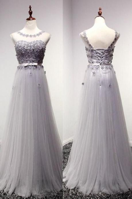 Gray Tulle Long Senior Prom Dress, Simple Bridesmaid Dress Sexy Prom Dresses,evening Gowns,pd14099