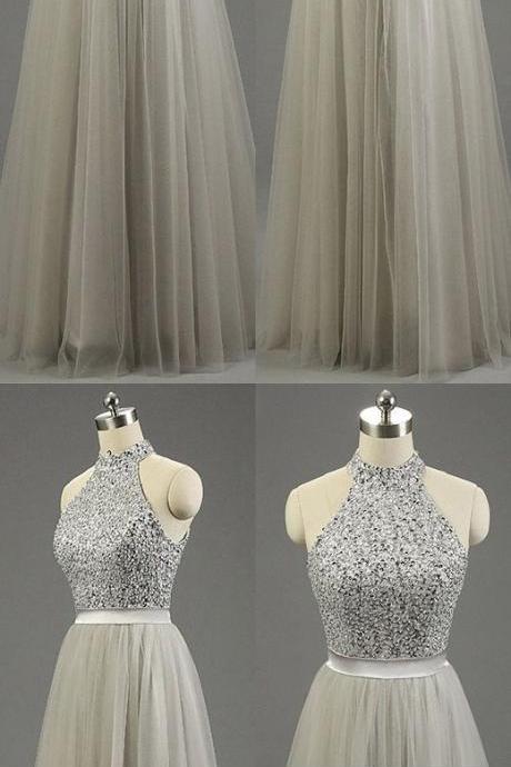 High Neck Gray Tulle Floor-length Beading Fashion Prom Dresses,pd14119