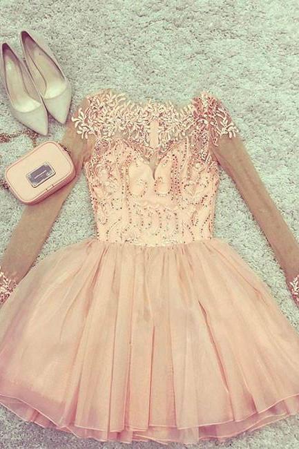Lovely Long Sleeve Short Prom Dress With Beaded, Elegant Tulle Homecoming Dress, Prom Gown,pd14144