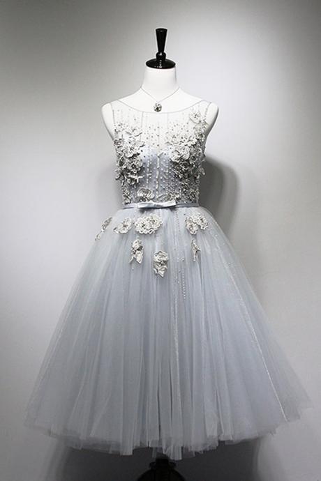 Gray Tulle Tea Length Beading Party Dress, Spring Halter Prom Dress,pd14164