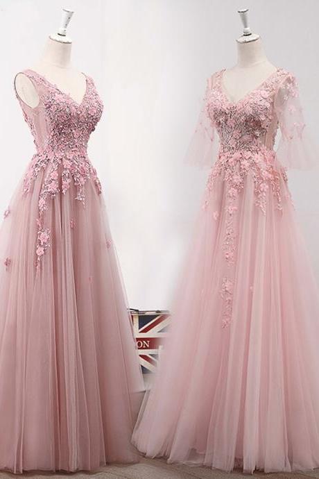 Prom Dresses, Fashion Prom Dresses,pink Tulle V Neck Long Lace Appliques A-line Prom Dress,pd14166
