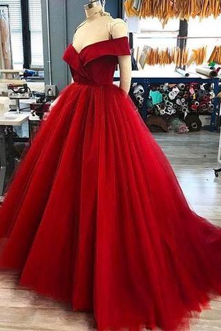 Prom Dresses, Fashion Prom Dresses,red Tulle V Neck Long Off Shoulder Senior Prom Dress, Long Evening Dresses,pd14171
