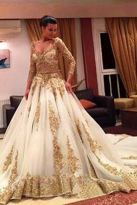 Gold Prom Dresses With Lace,long Sleeves Wedding Dresses, V-neck Prom Gown,beading Prom Dresses With Chapel Train,ball Gowns,pd14176