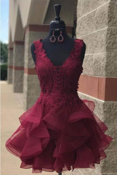 Organza Homecoming Dress,lace Homecoming Dresses,burgundy Short Party Dresses,lace Homecoming Dresses,v Neck Prom Dresses,pd14177