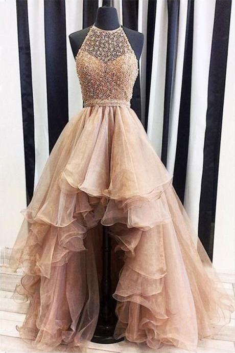 Prom Dresses Halter,ball Gown Party Dresses Long, Organza Tulle Beading Prom Dresses Asymmetrical, High Low Formal Dresses,pd14188