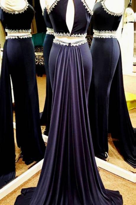 Unique Two Pieces Rhinestones Long Prom Dress. Evening Dress For Teens,pd14212
