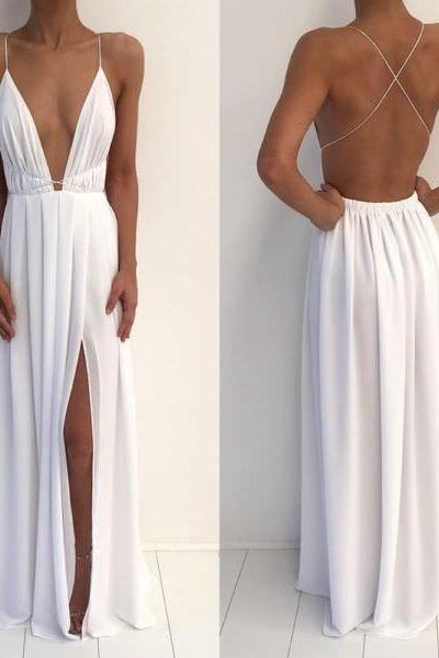 White Backless Long Prom Dress, White Evening Dress,pd14214