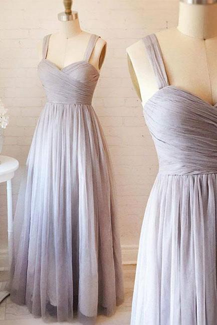 Gray Sweetheart Neck Tulle Long Prom Dress, Gray Evening Dress,pd14226