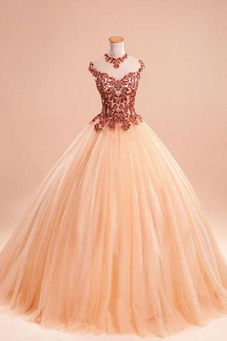 Champagne Tulle Ball Gown Long Prom Dress, Evening Dress For Teens,pd14229