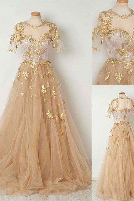 Champagne Tulle Long Prom Dress, Evening Dresses,pd14231