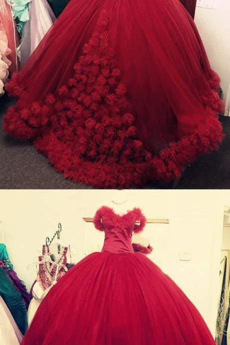 Wine Red Wedding Dress,ball Gown Wedding Dresses 2018,flower Wedding Dress,sweet 16 Dress,burgundy Quincenera Dress,pd14248
