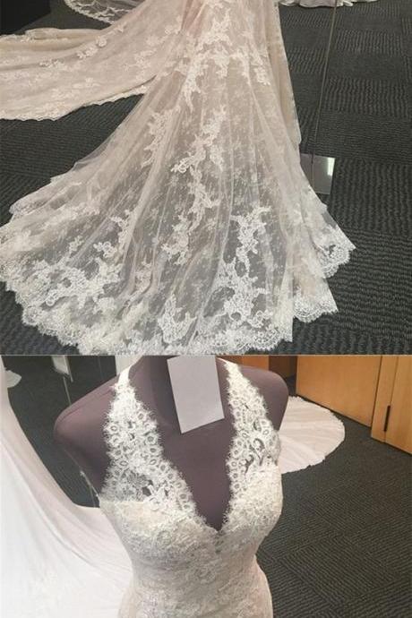 Halter Neck Open Back Lace Mermaid Court Train Wedding Dresses 2018 Vintage Style,pd14249