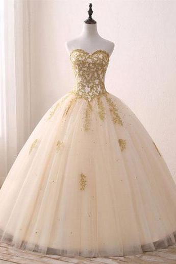 Princess Sweetheart Golden Appliques Long Formal Prom Dress, Tulle Ball Gown,pd14252