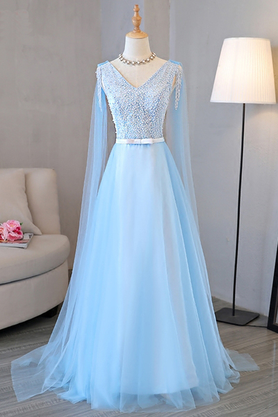 Blue Tulle Long A-line Senior Prom Dress With Pearl Evening Dress,pd14254