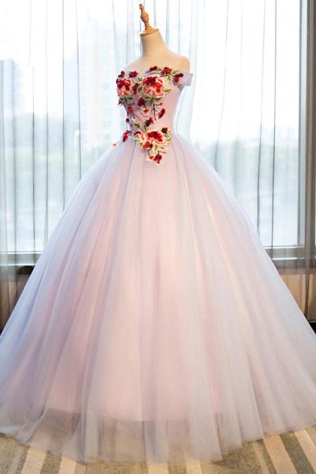 2018 Princess Strapless Off Shoulder Flower Long Tulle Prom Gown, Formal Evening Dress,pd14256