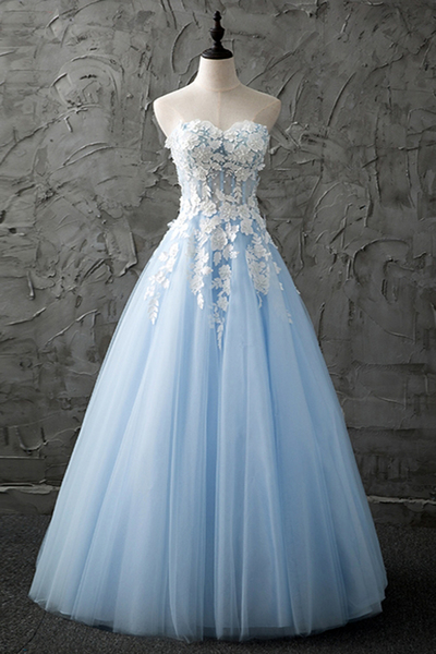 Sweetheart Blue Tulle Long Customize Evening Dress With Appliques,pd14258