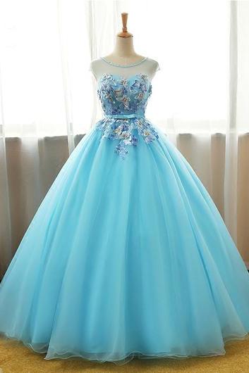 Cute Light Blue Tulle Long 3d Flower A-line Prom Gown, Cap Sleeves Long Evening Dress,pd14259