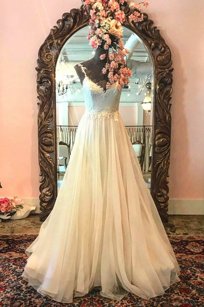Elegant Beige Tulle Long Spaghetti Straps Long A-line Wedding Dress, Formal Evening Dress,pd14302