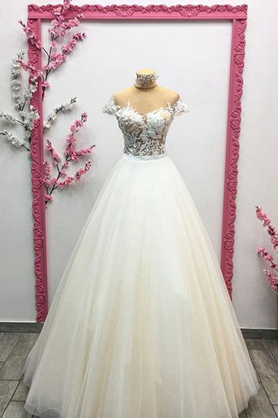 White Tulle Long A-line Customize Winter Formal Prom Dress With Cap Sleeves,pd14304
