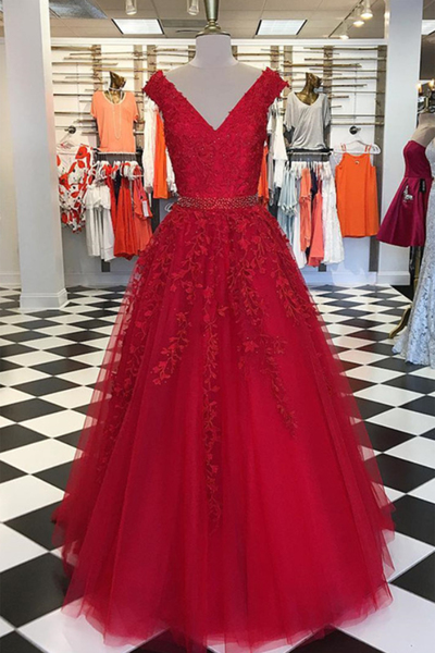 Red Tulle V Neckline Long Appliques Beaded Evening Dress With Cap Sleeves,pd14305
