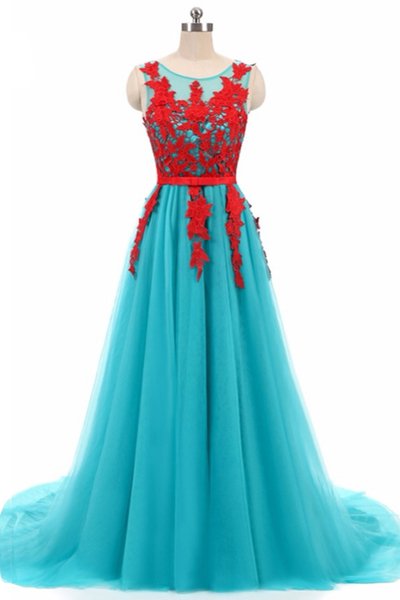 Blue Tulle Long Red Lace Round Neckline Evening Dress,pd14306