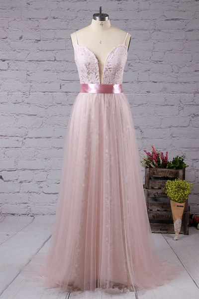 Spring Pink V Neckling Long Lace Sweet 16 Prom Dress, Long Pink Sash Evening Dress,pd14307