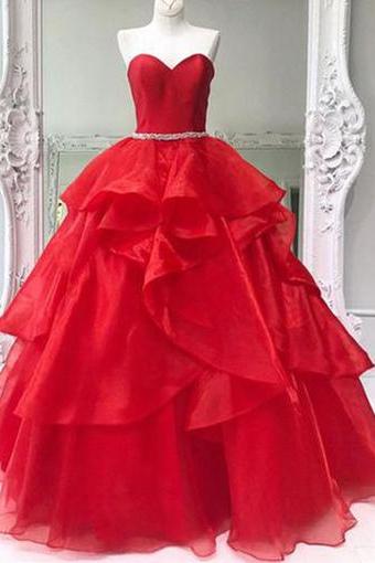 Sweetheart Neckline Red Tulle Long Beaded Ball Gown, Long Evening Dress,pd14309
