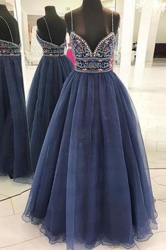 Blue Tulle Backless Long Beaded Evening Dress, Long A-line Shinny Party Dress,pd14311