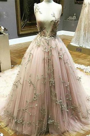 Blush Pink Tulle Long Gold Lace Appliques Evening Dress, Long Winter Formal Prom Dresses,pd14312