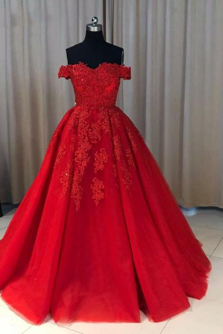 Fashion Ball Gown Off-the-shoulder Red Long Prom Dress With Appliques,pd14319