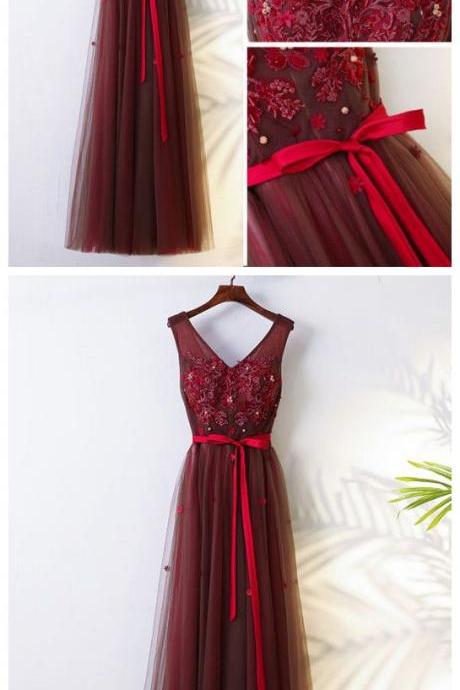 Elegant Tulle Lace Burgundy Long Prom Dress,wine Red Lace Evening Dress,pd14331