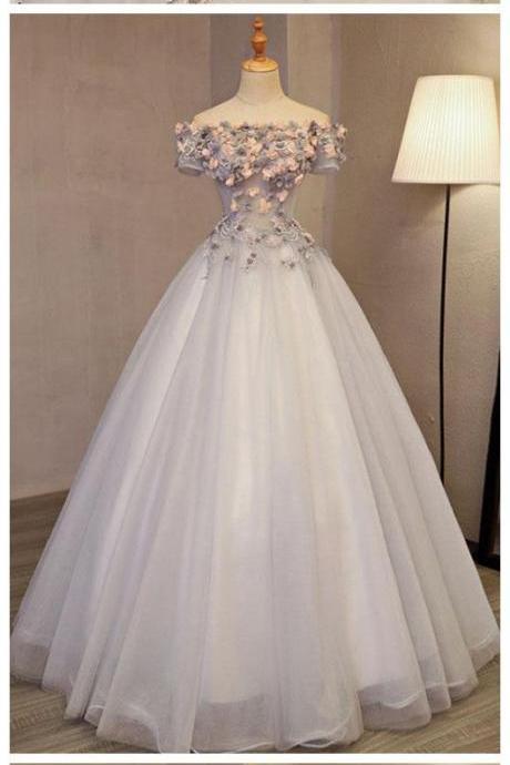 A-line Off The Shoulder Long Prom Dress Tulle Applique Chic Evening Dress,pd14336