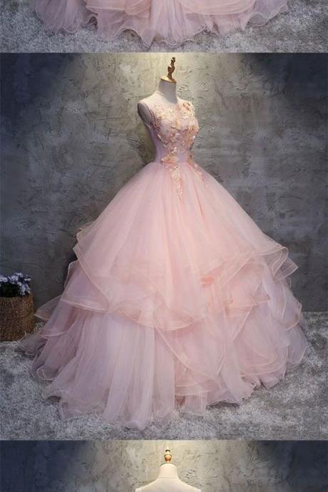 Pink Round Neck Tulle Lace Applique Long Prom Dress, Pink Evening Dress,pd14337